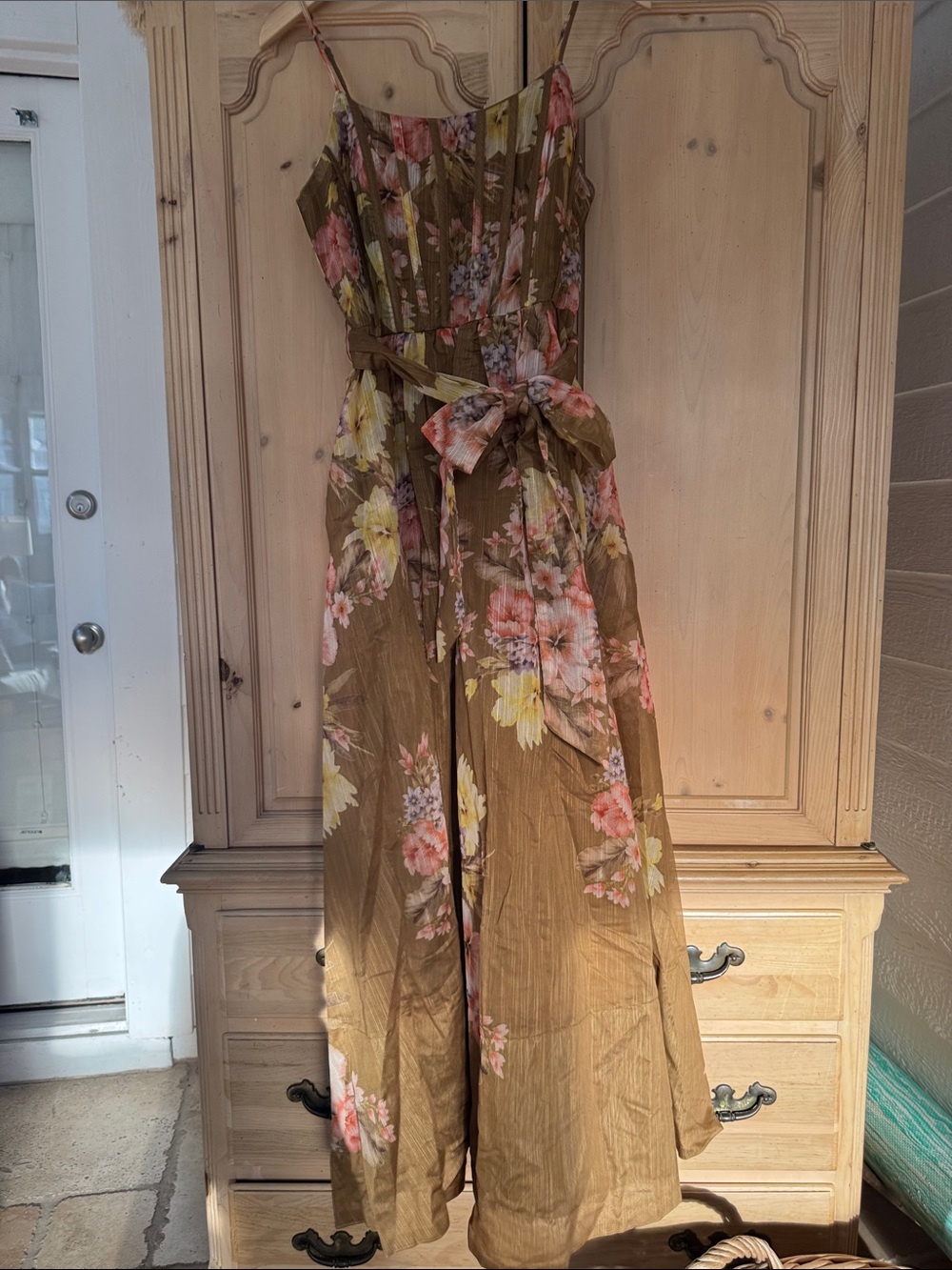 NWT Floral Olive Maxi Dress with Tie Waist
